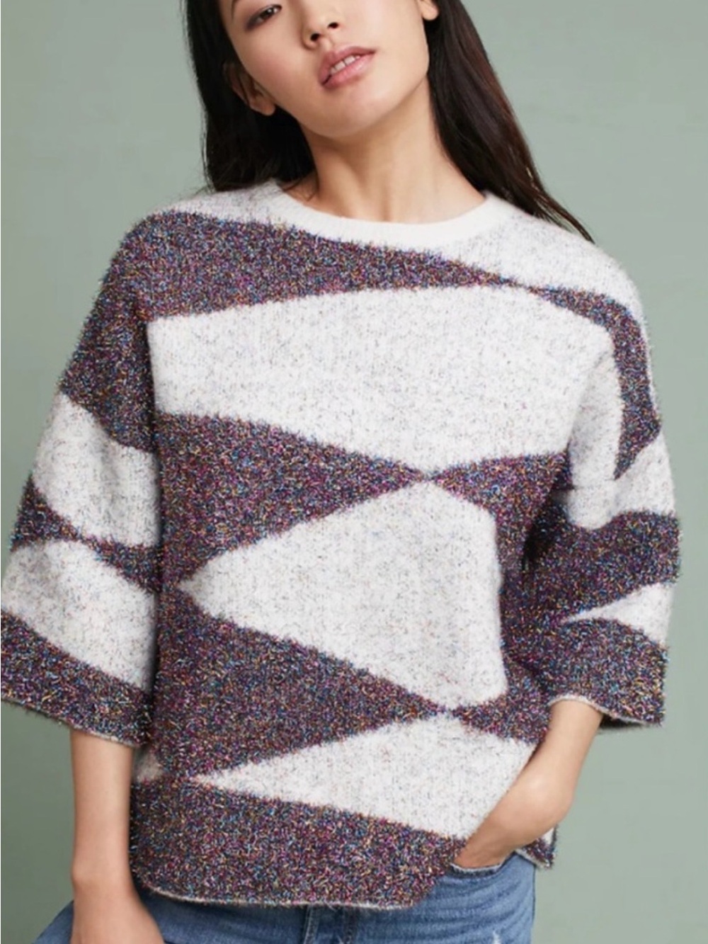 ANTHROPOLOGIE Moth Sparkling Geo Sweater Metallic Soft Knit Boxy Modern Holiday
